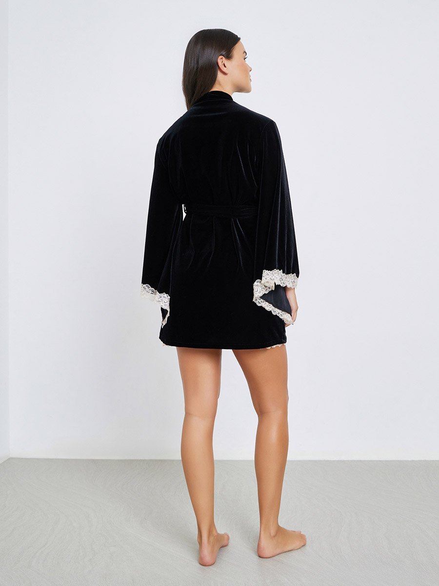 Contrast Lace Trim Velvet Slip Dress with Robe