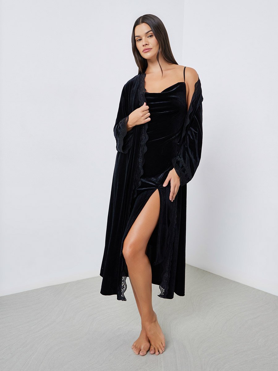 Pack of 2 - Velvet Contrast Strap Slip Dress and Lace Trim Robe