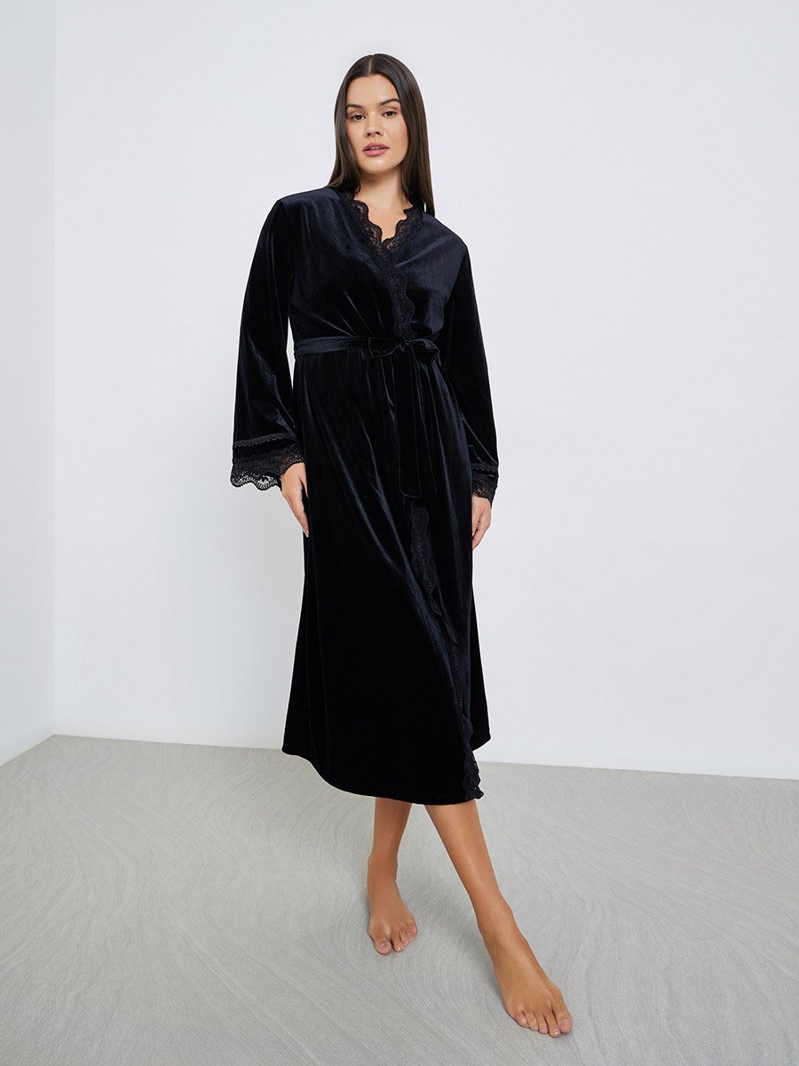 Pack of 2 - Velvet Contrast Strap Slip Dress and Lace Trim Robe