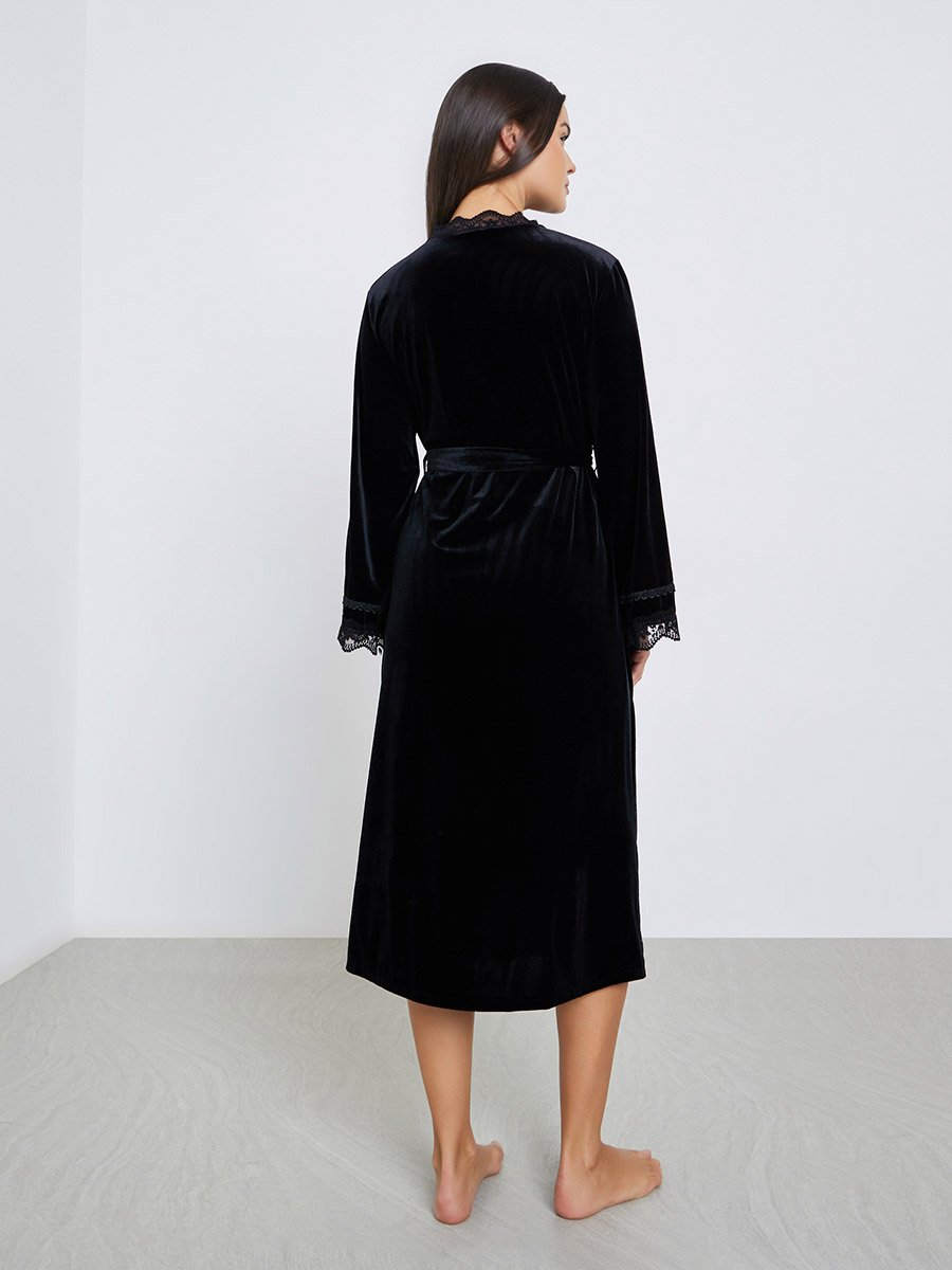 Pack of 2 - Velvet Contrast Strap Slip Dress and Lace Trim Robe