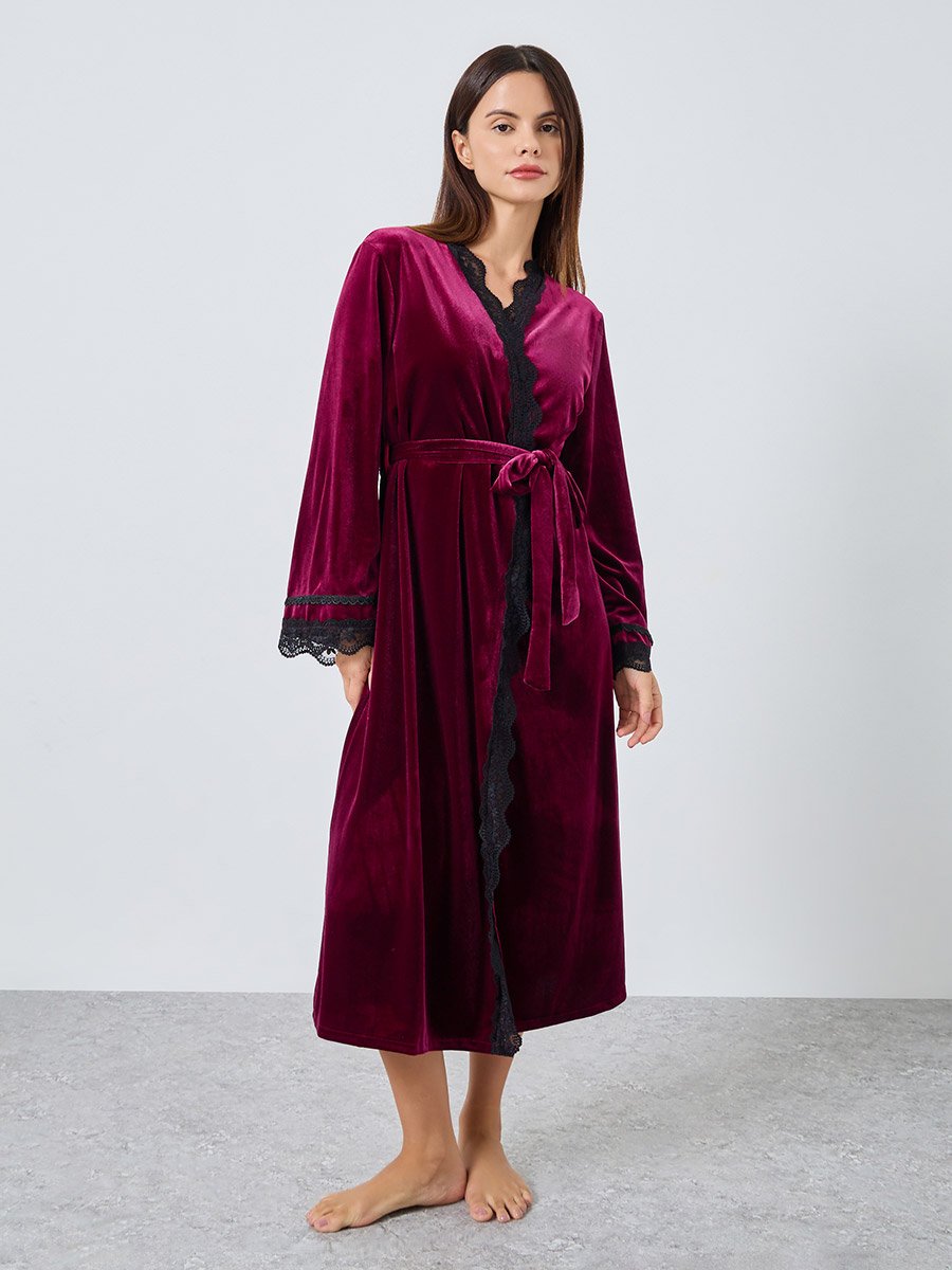 Pack of 2 - Velvet Contrast Strap Slip Dress and Lace Trim Robe