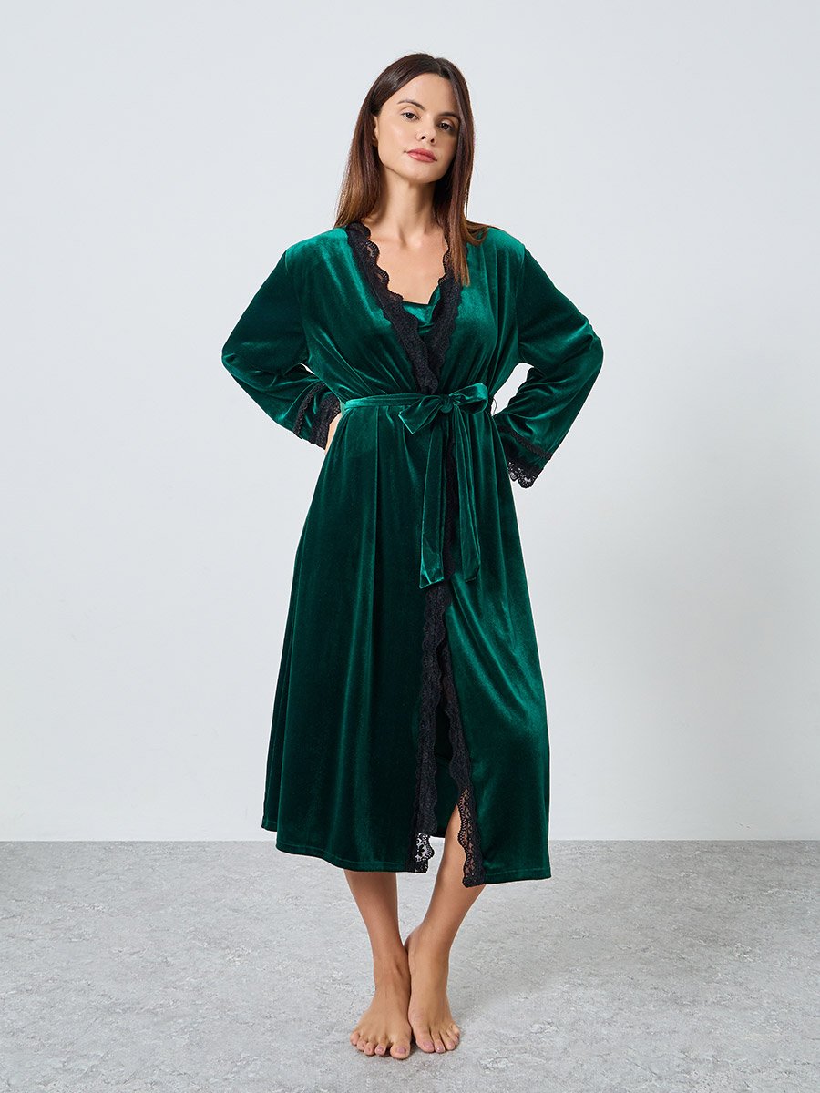 Pack of 2 - Velvet Contrast Strap Slip Dress and Lace Trim Robe