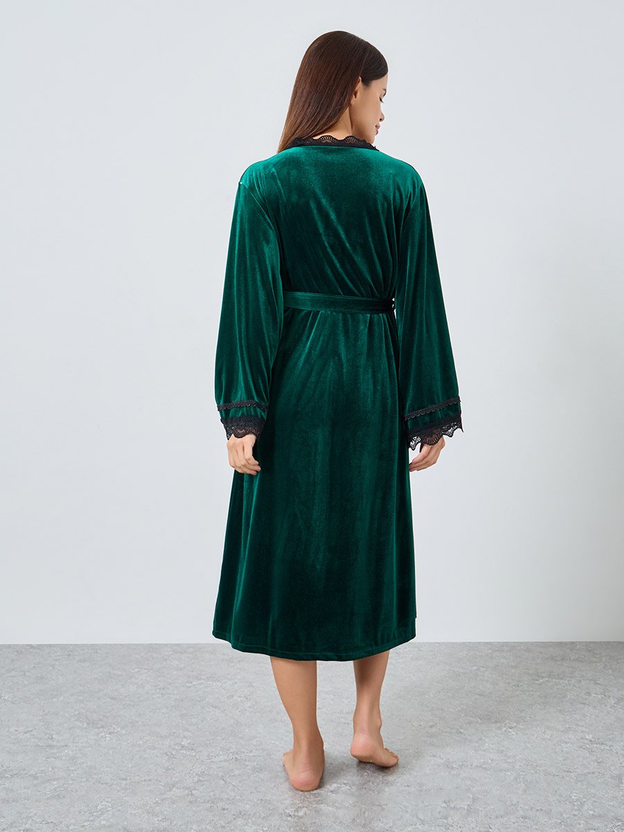 Pack of 2 - Velvet Contrast Strap Slip Dress and Lace Trim Robe