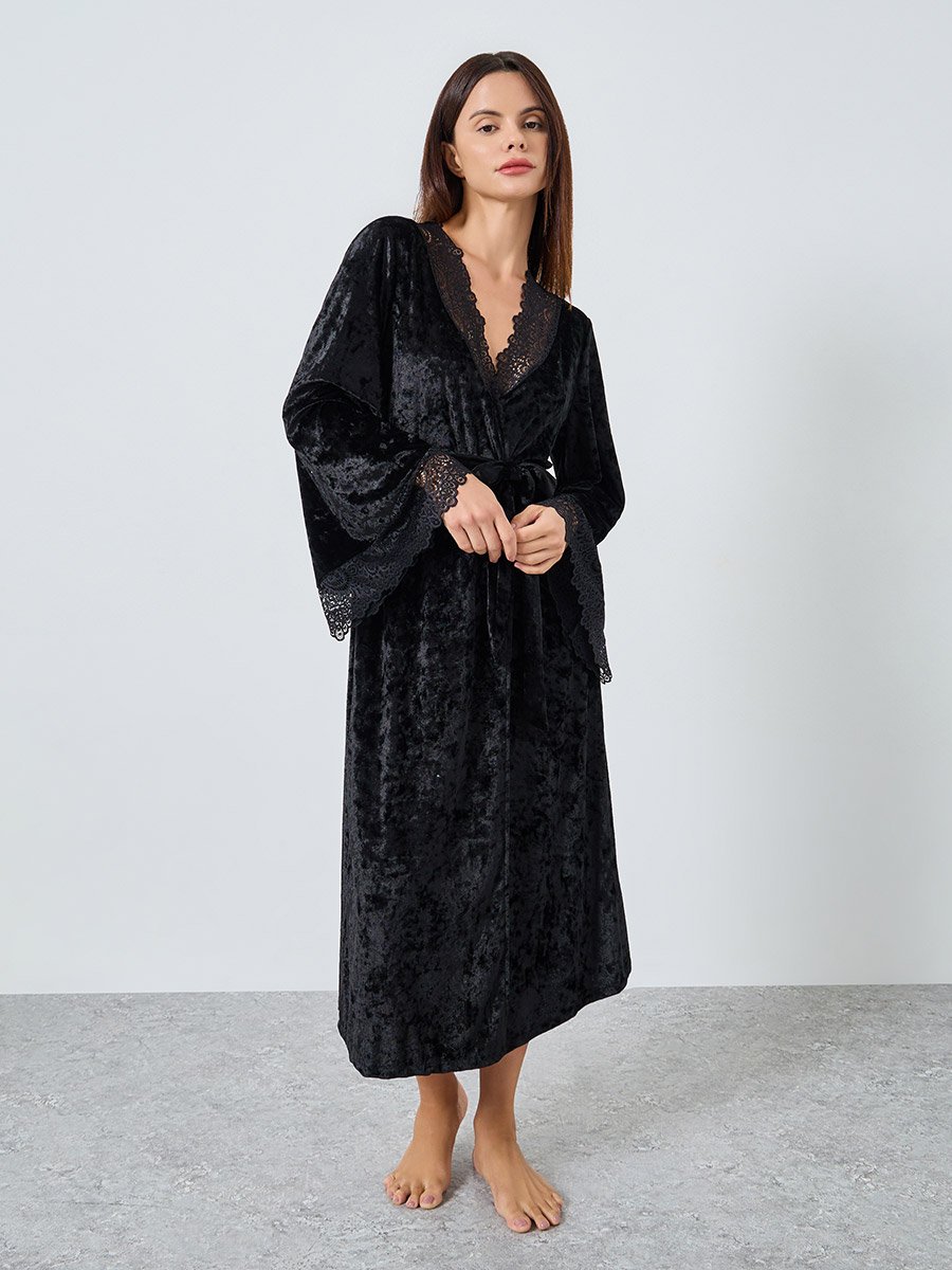 Crushed Velvet Contrast Lace Trim Robe