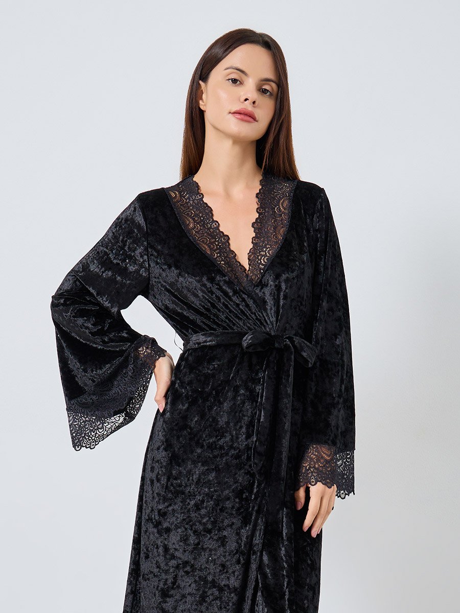 Crushed Velvet Contrast Lace Trim Robe