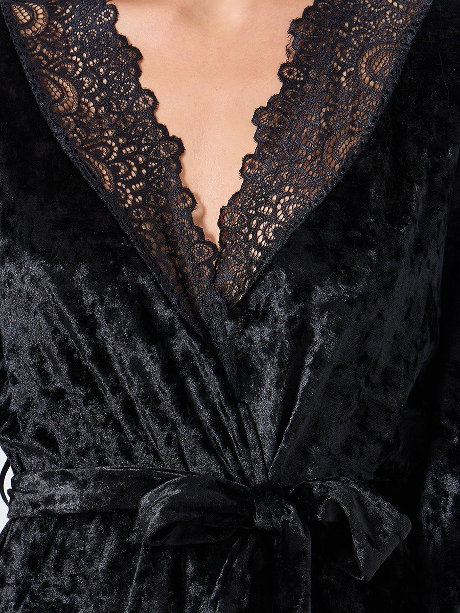 Crushed Velvet Contrast Lace Trim Robe