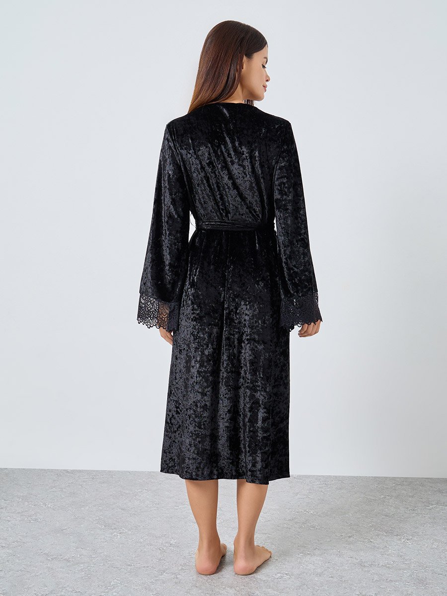 Crushed Velvet Contrast Lace Trim Robe