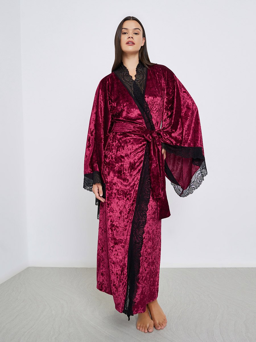 Crushed Velvet Flared Sleeves Robe with Contrast Lace Trim