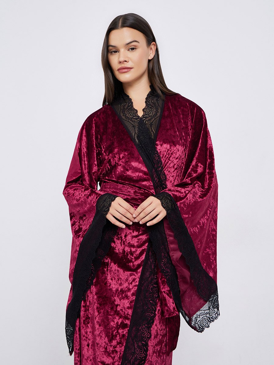 Crushed Velvet Flared Sleeves Robe with Contrast Lace Trim