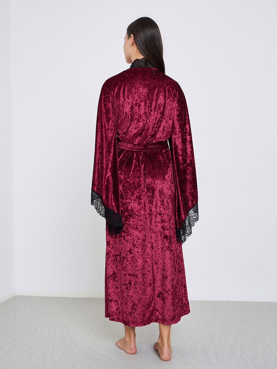 Crushed Velvet Flared Sleeves Robe with Contrast Lace Trim