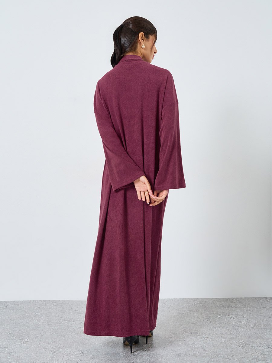 Burgundy Textured Open Front Abaya
