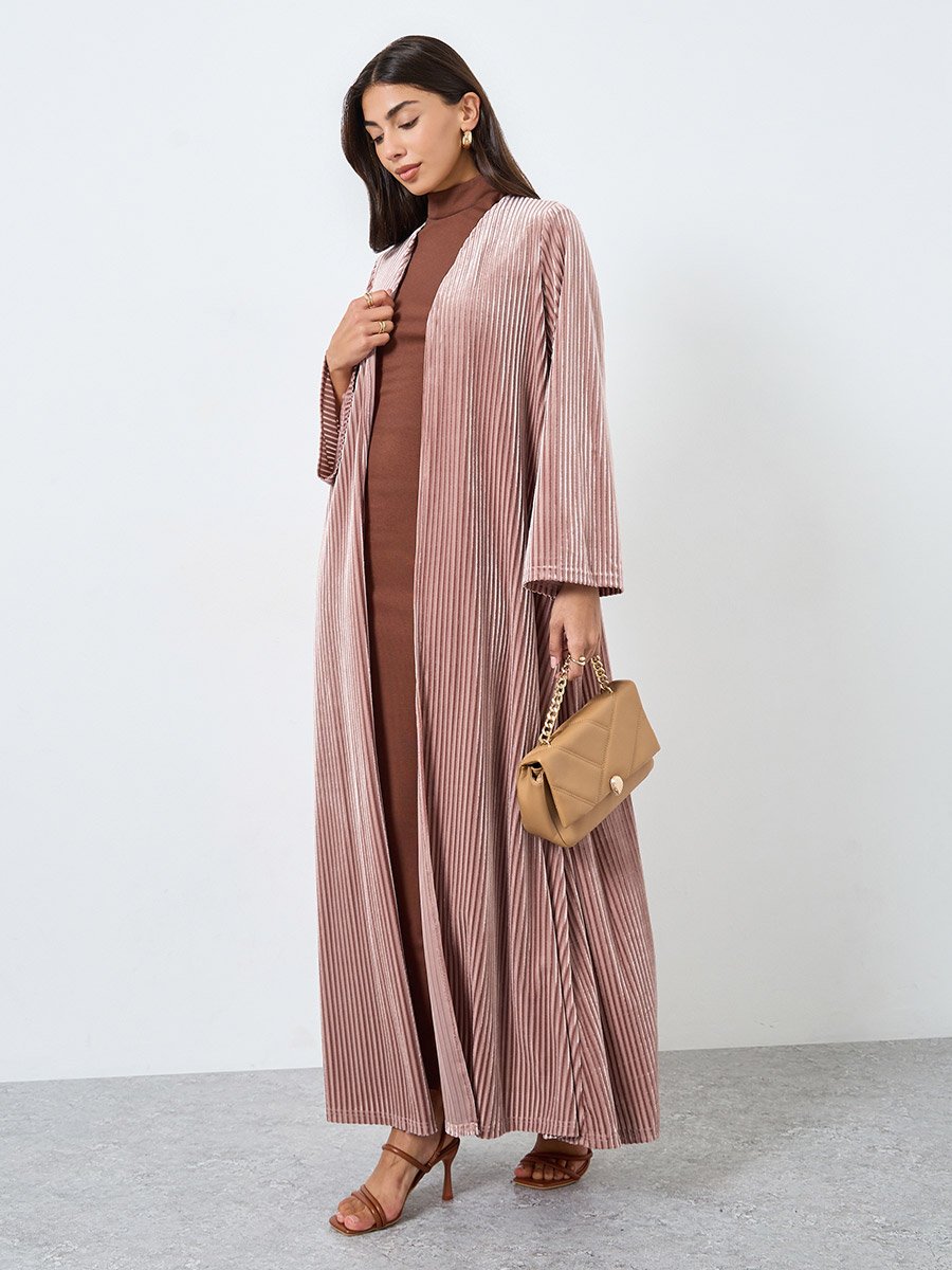 Pink Textured Velvet Look Front Open Blue Abaya
