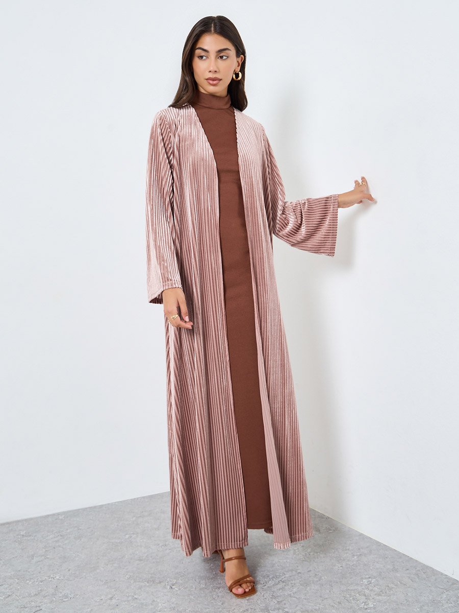 Pink Textured Velvet Look Front Open Blue Abaya