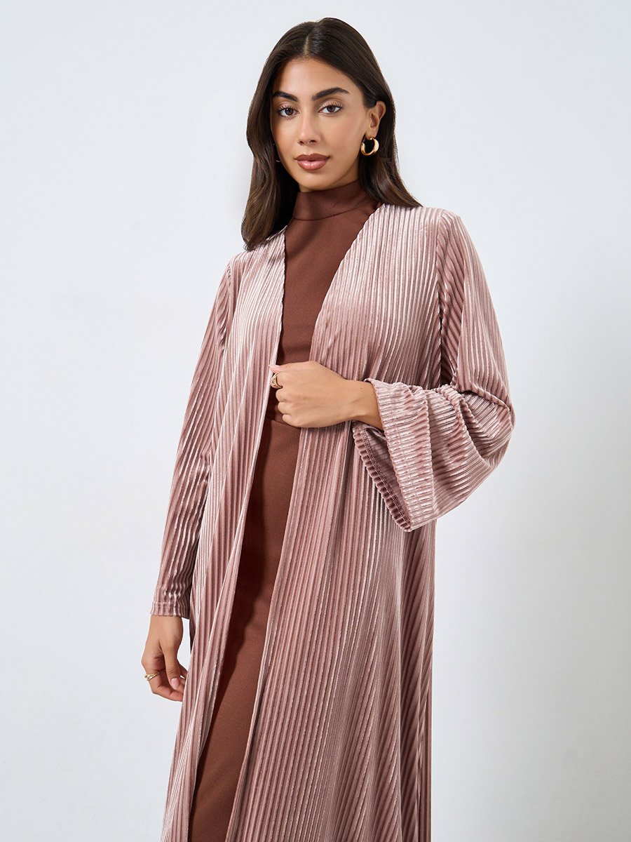 Pink Textured Velvet Look Front Open Blue Abaya