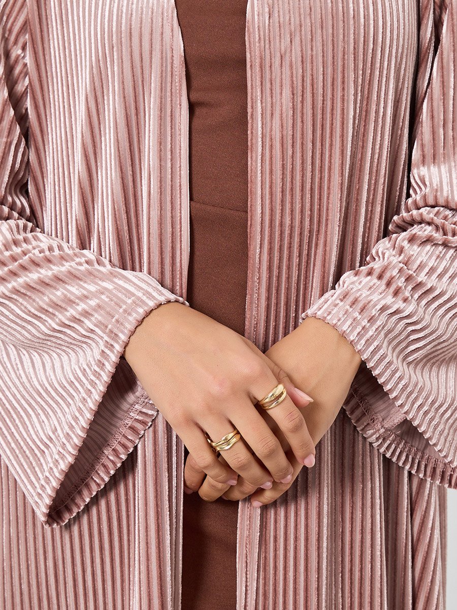 Pink Textured Velvet Look Front Open Blue Abaya