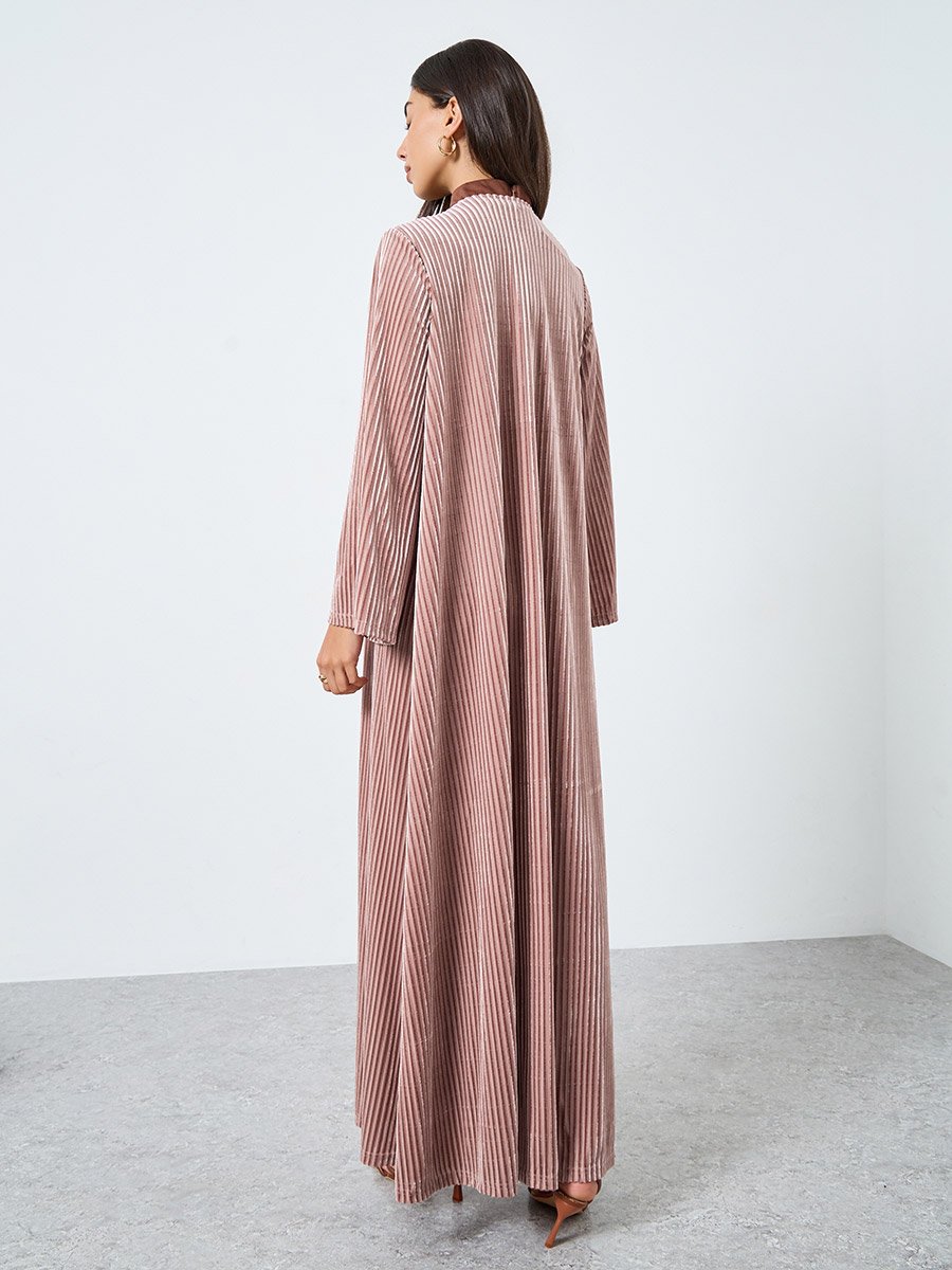 Pink Textured Velvet Look Front Open Blue Abaya