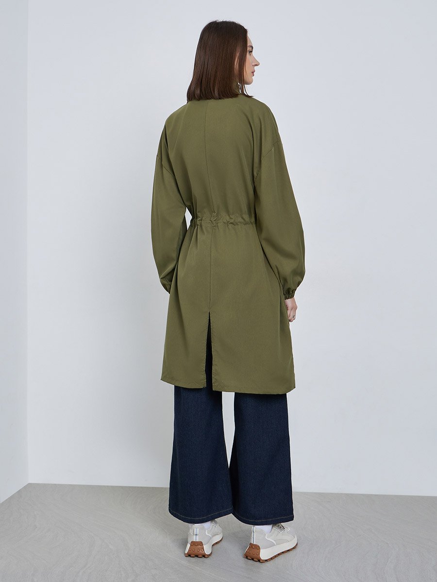 Olive Oversized Utility Coat with Drawstring