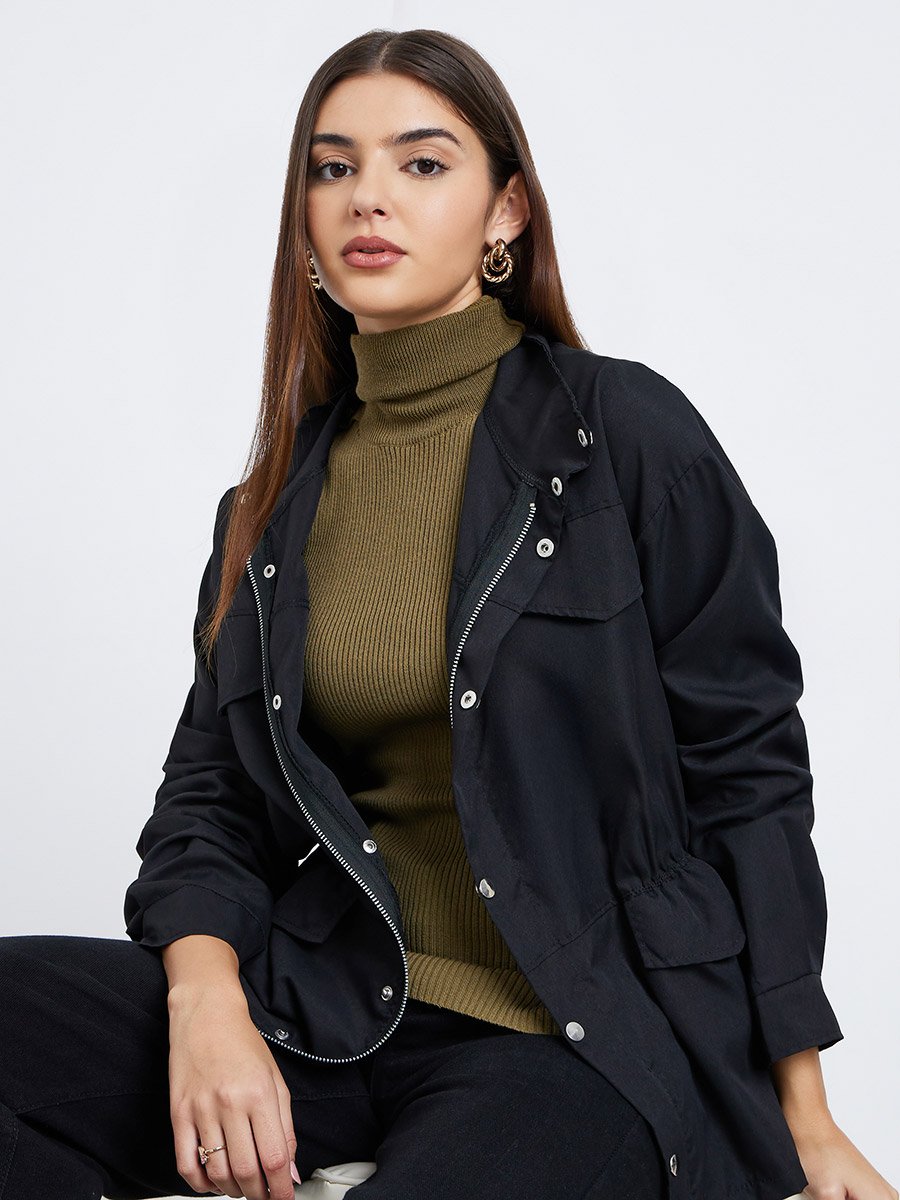 Black Longline Utility Jacket with Pockets