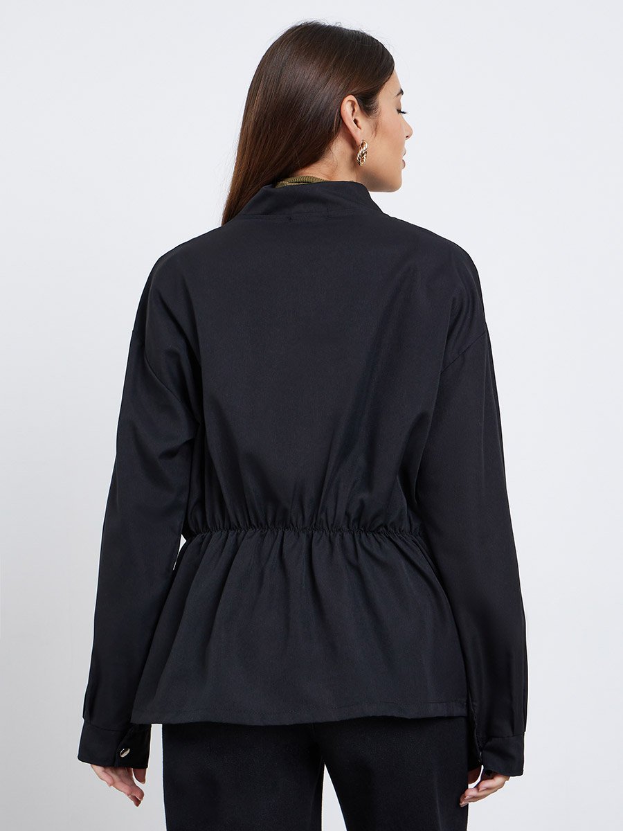 Black Longline Utility Jacket with Pockets