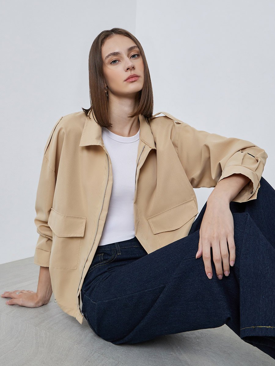 Beige Boxy Fit Utility Jacket with Flap Pocket