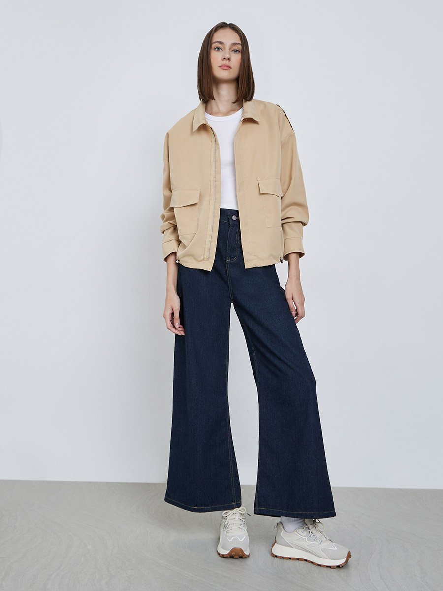 Beige Boxy Fit Utility Jacket with Flap Pocket