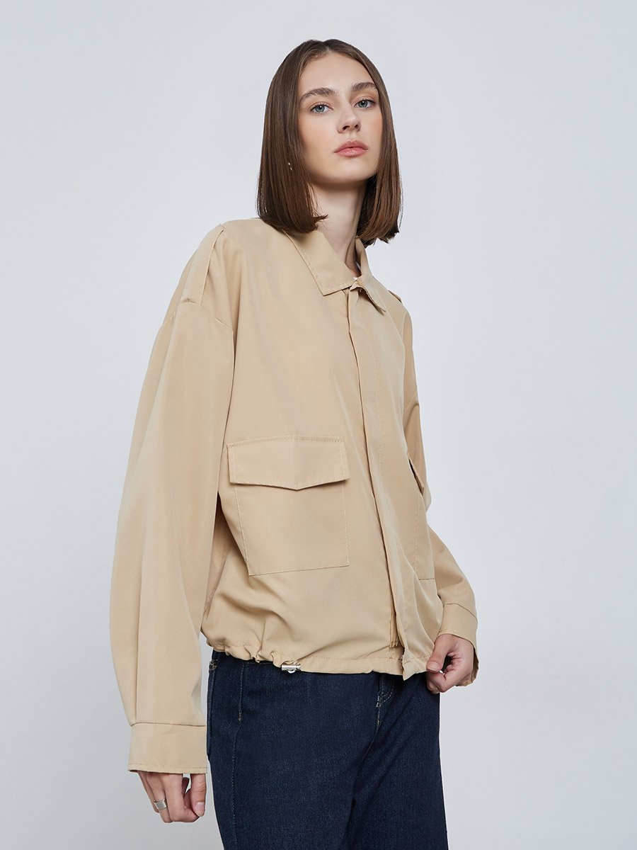 Beige Boxy Fit Utility Jacket with Flap Pocket