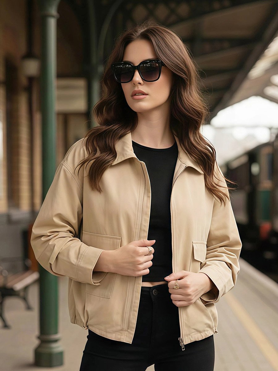 Beige Boxy Fit Utility Jacket with Flap Pocket