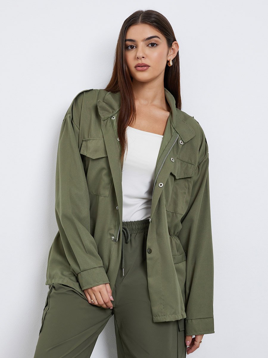 Green Longline Utility Jacket with Pockets