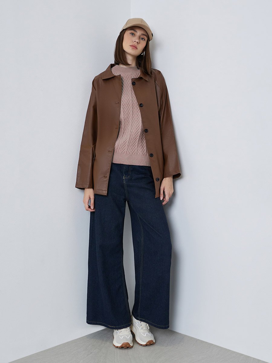 Brown Longline PU Jacket with Tie Belt