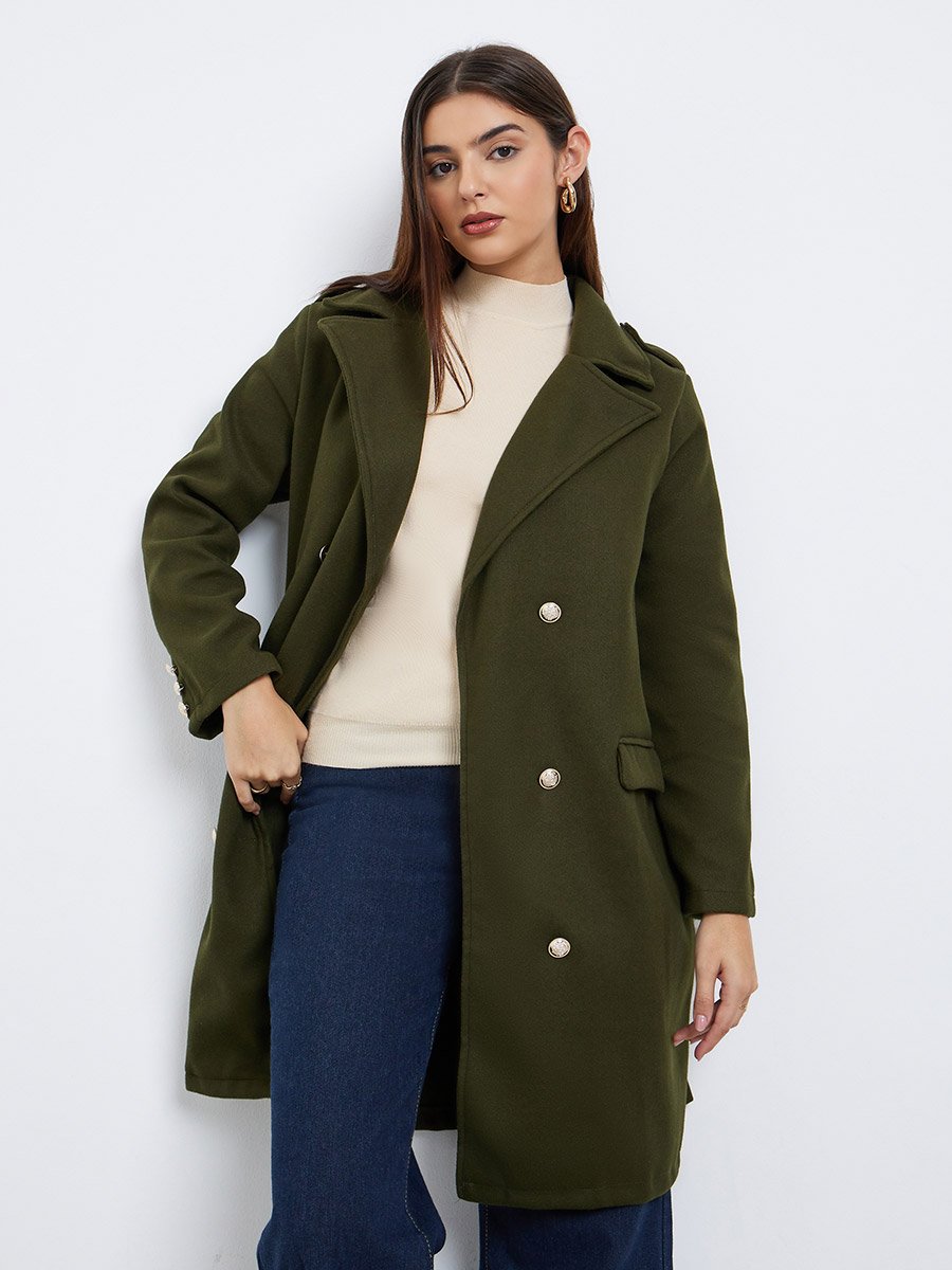 Olive Regular Fit Double Breasted Wool Like Coat