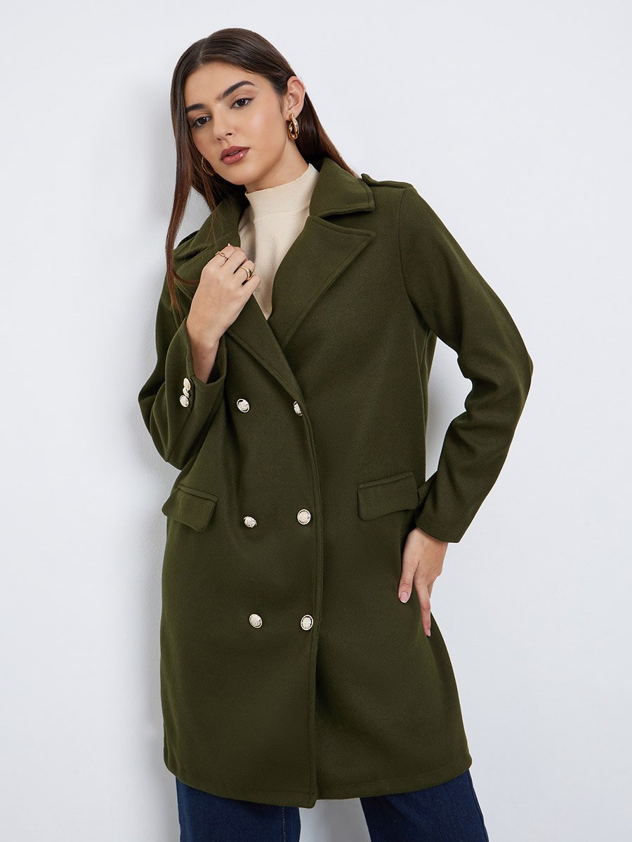 Olive Regular Fit Double Breasted Wool Like Coat
