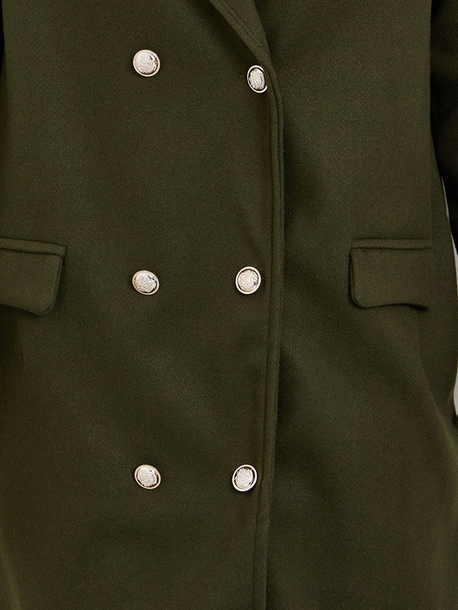Olive Regular Fit Double Breasted Wool Like Coat