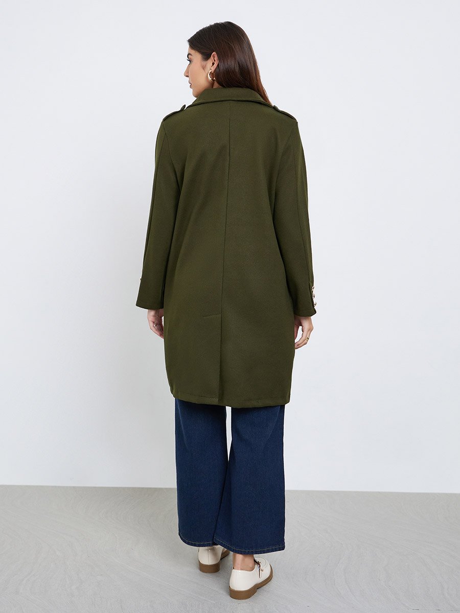 Olive Regular Fit Double Breasted Wool Like Coat