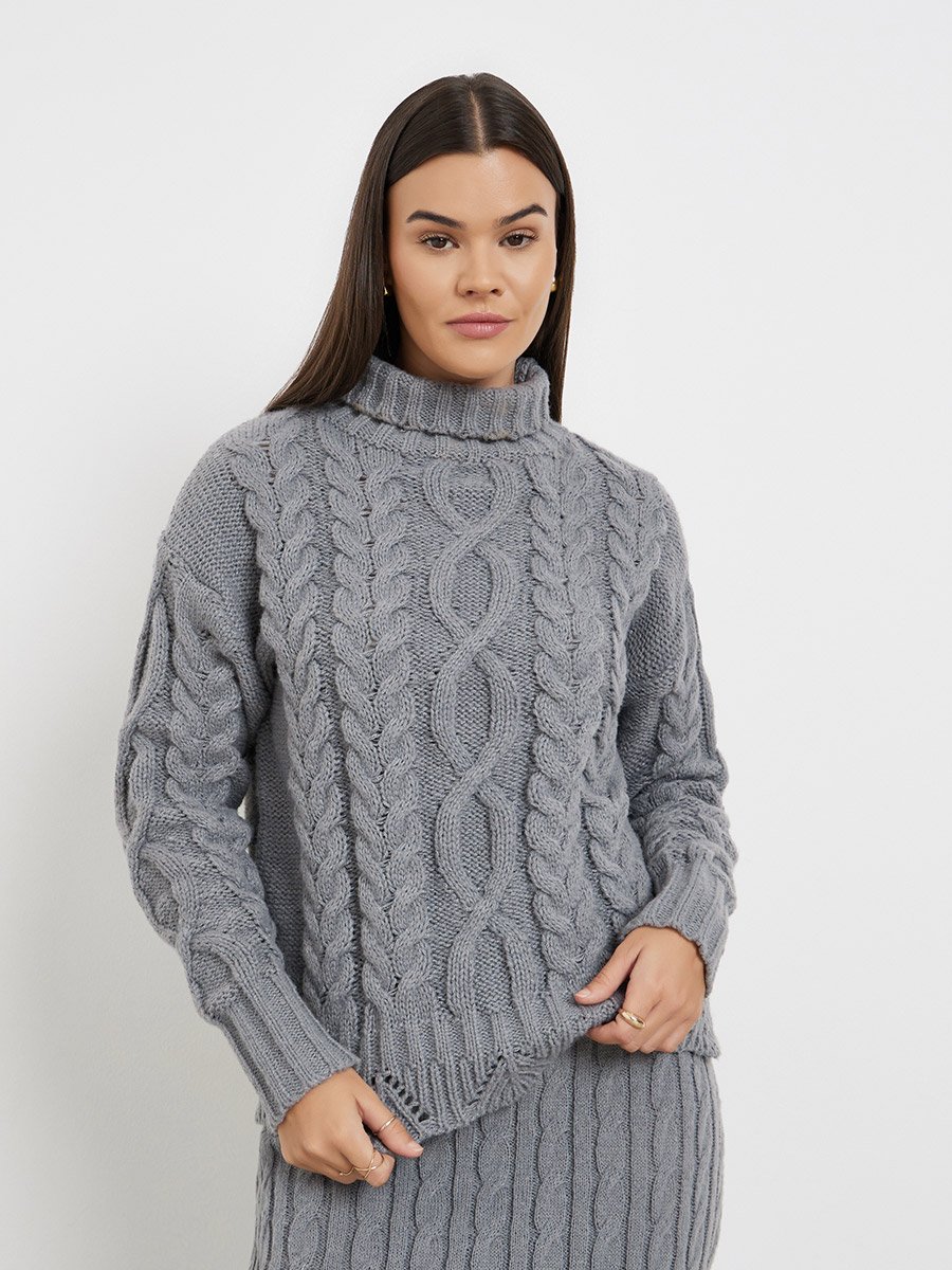 Grey Regular Fit Cable Knit Sweater