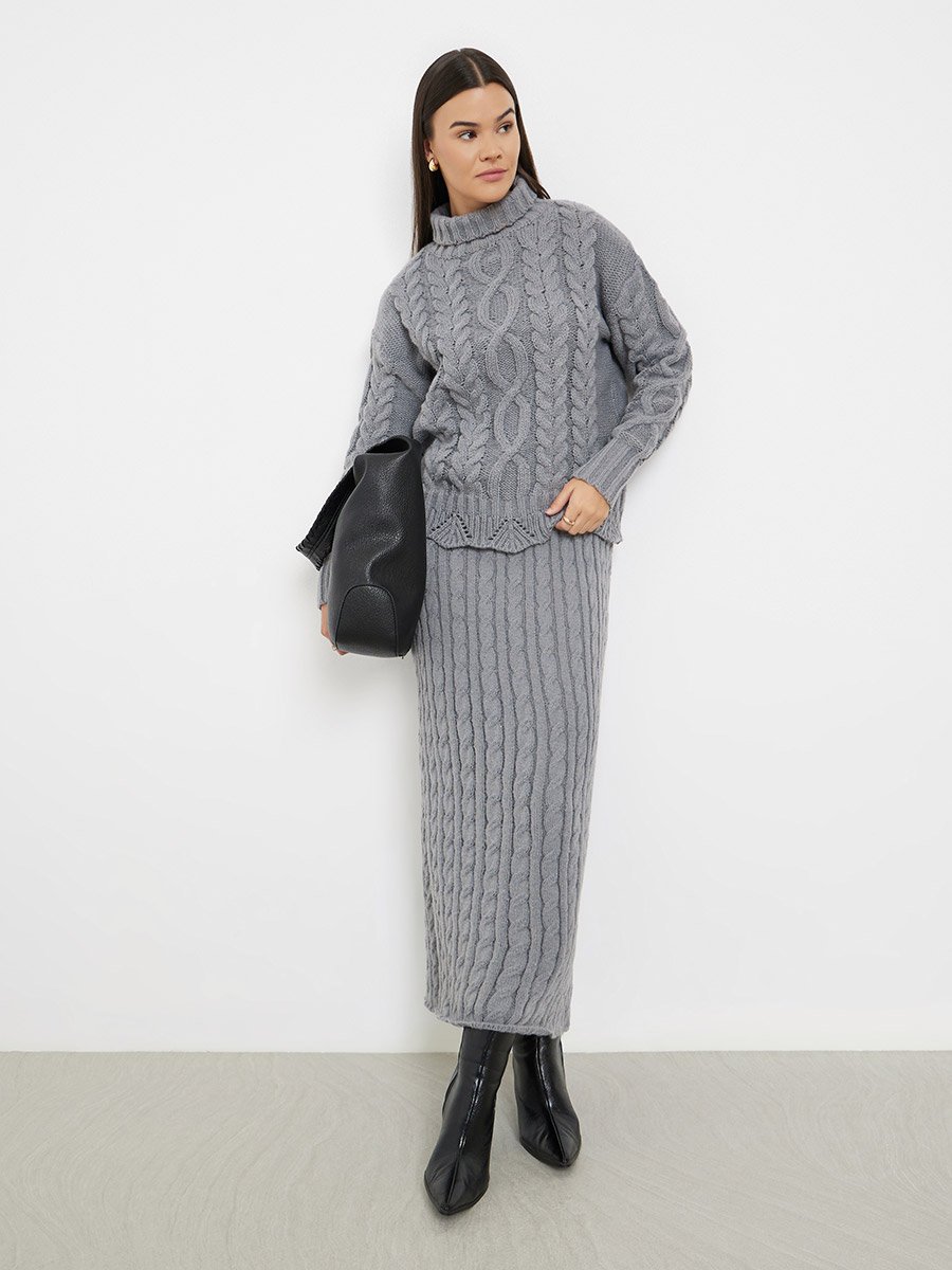 Grey Cable Knit Midi Skirt
