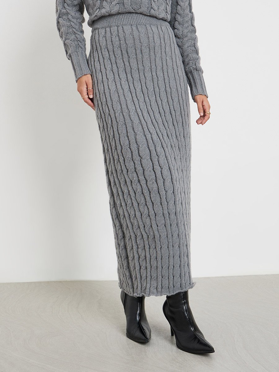 Grey Cable Knit Midi Skirt