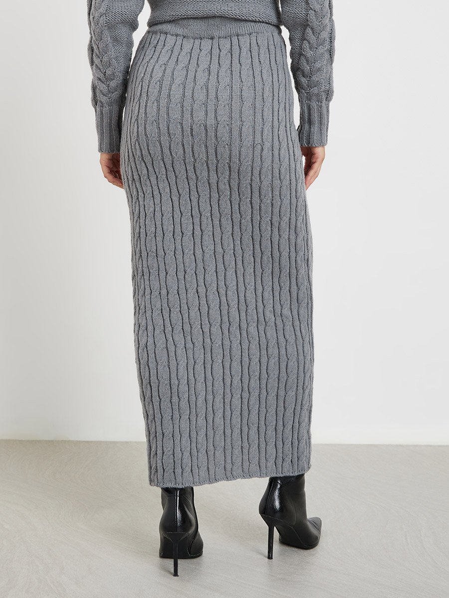 Grey Cable Knit Midi Skirt