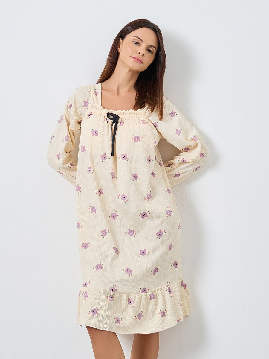 Bear Print Square Neck Nightdress with Bow Detail
