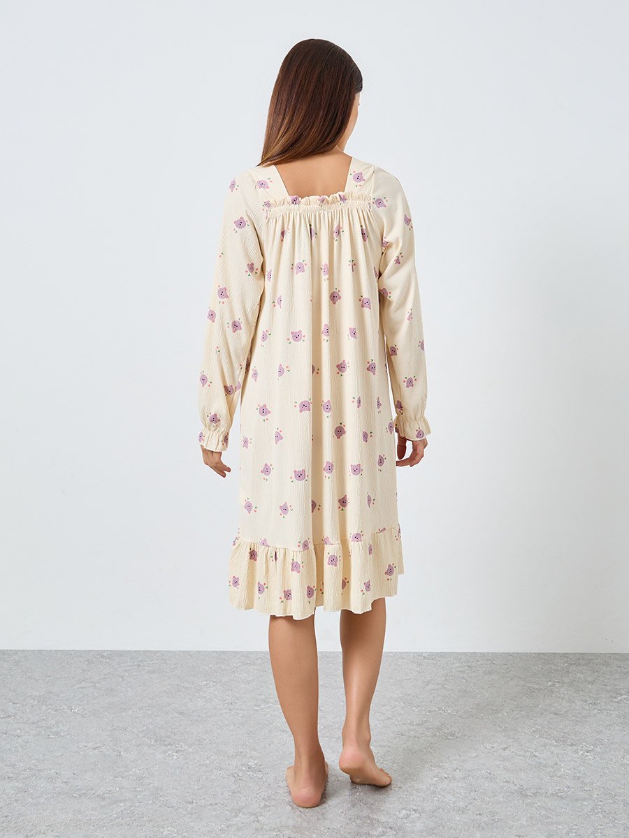 Bear Print Square Neck Nightdress with Bow Detail