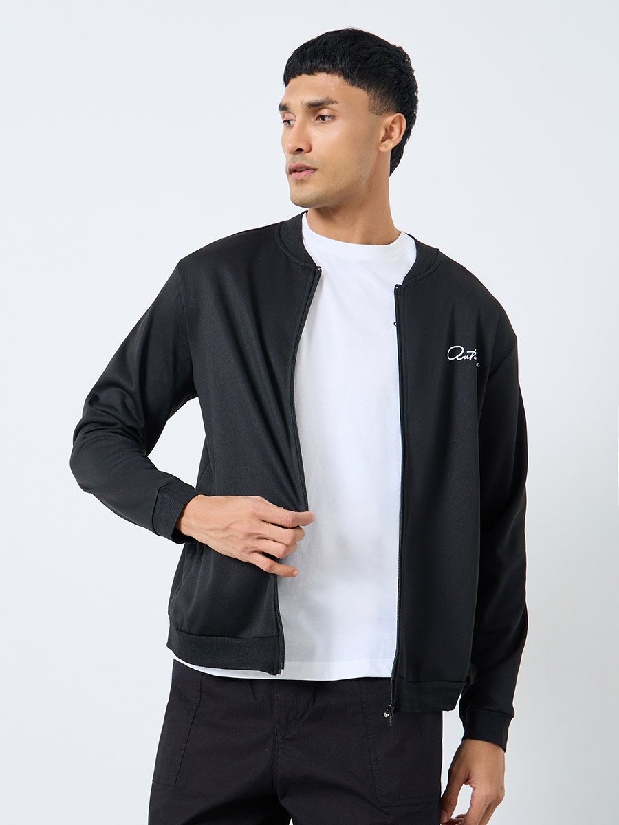 Men Black Text Print Bomber Jacket