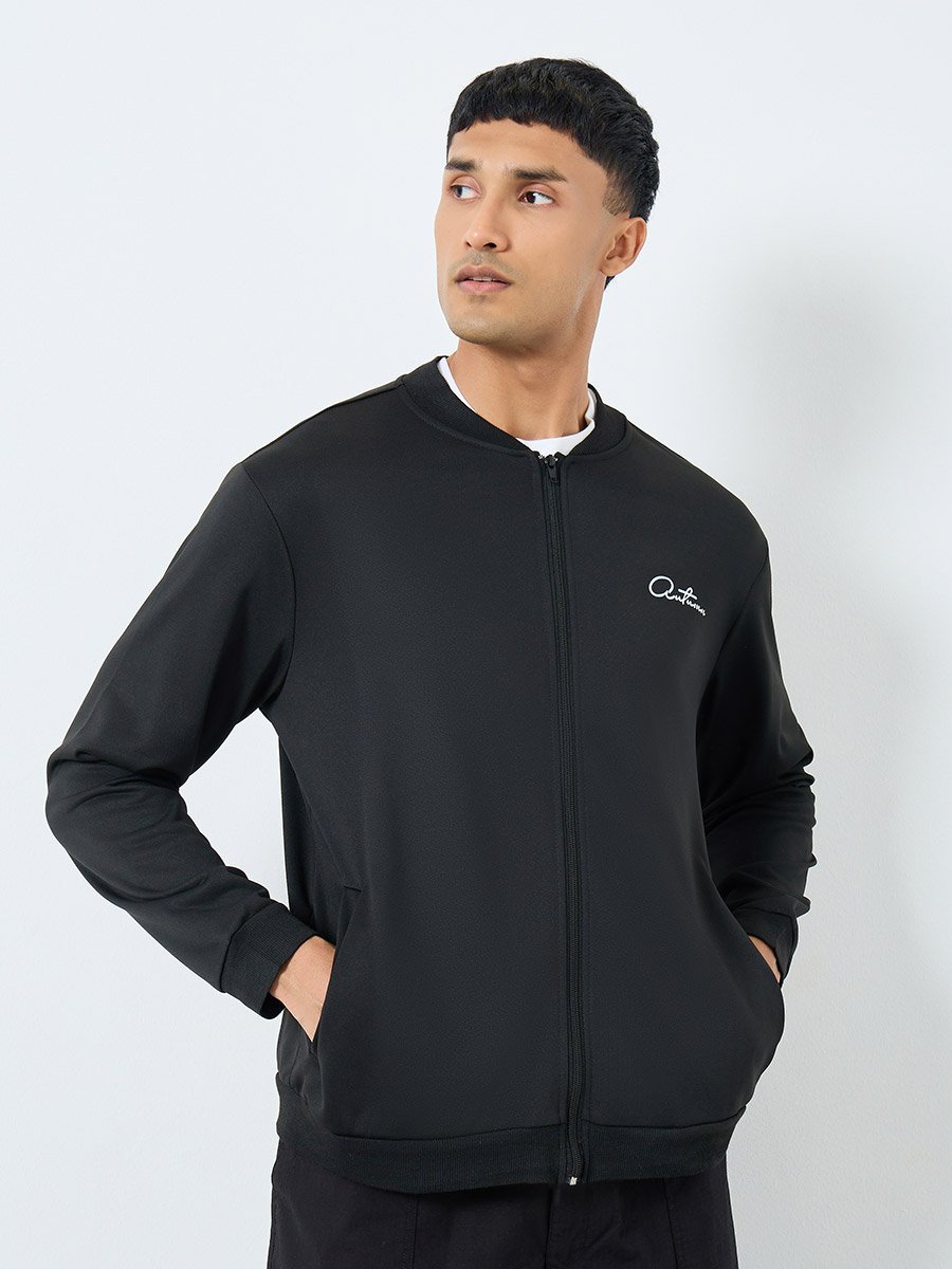 Men Black Text Print Bomber Jacket
