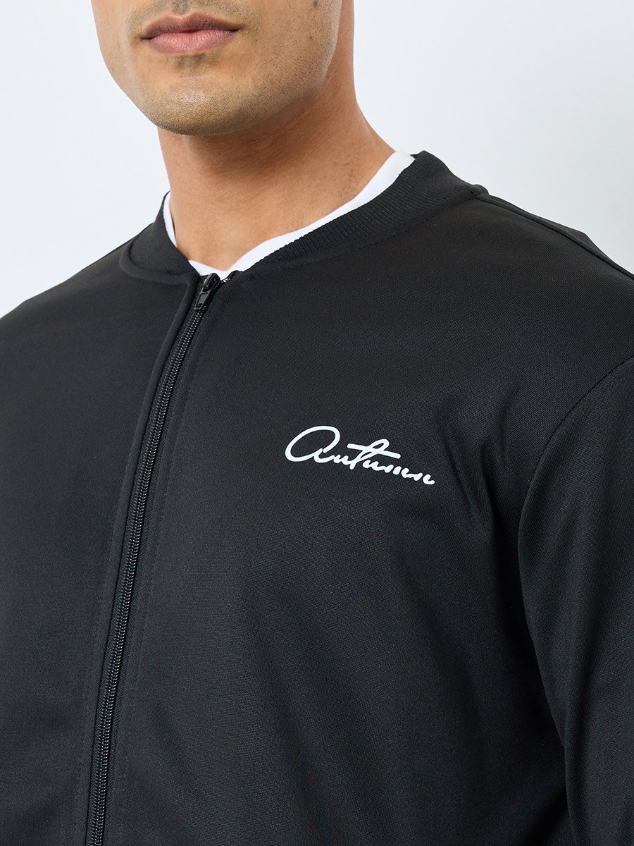 Men Black Text Print Bomber Jacket