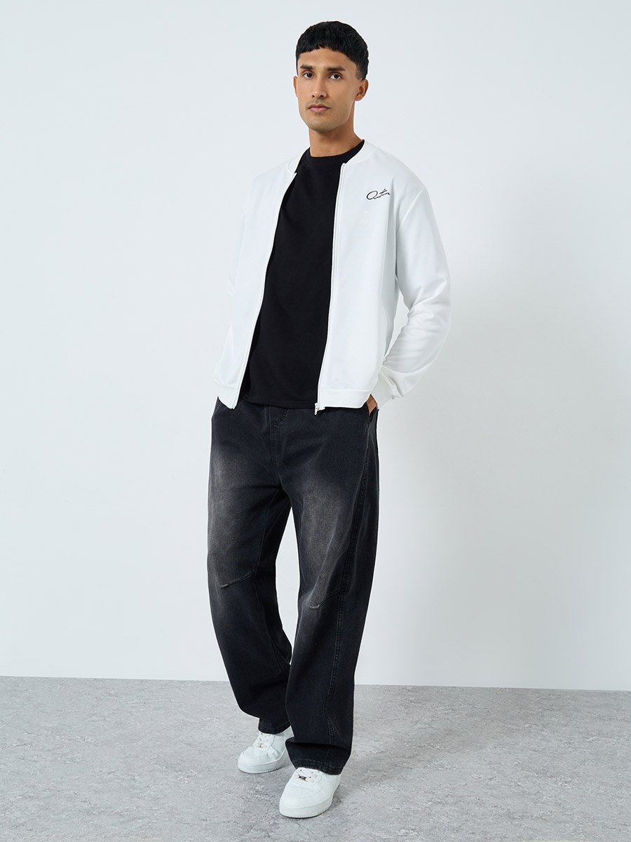 Men White Text Print Bomber Jacket