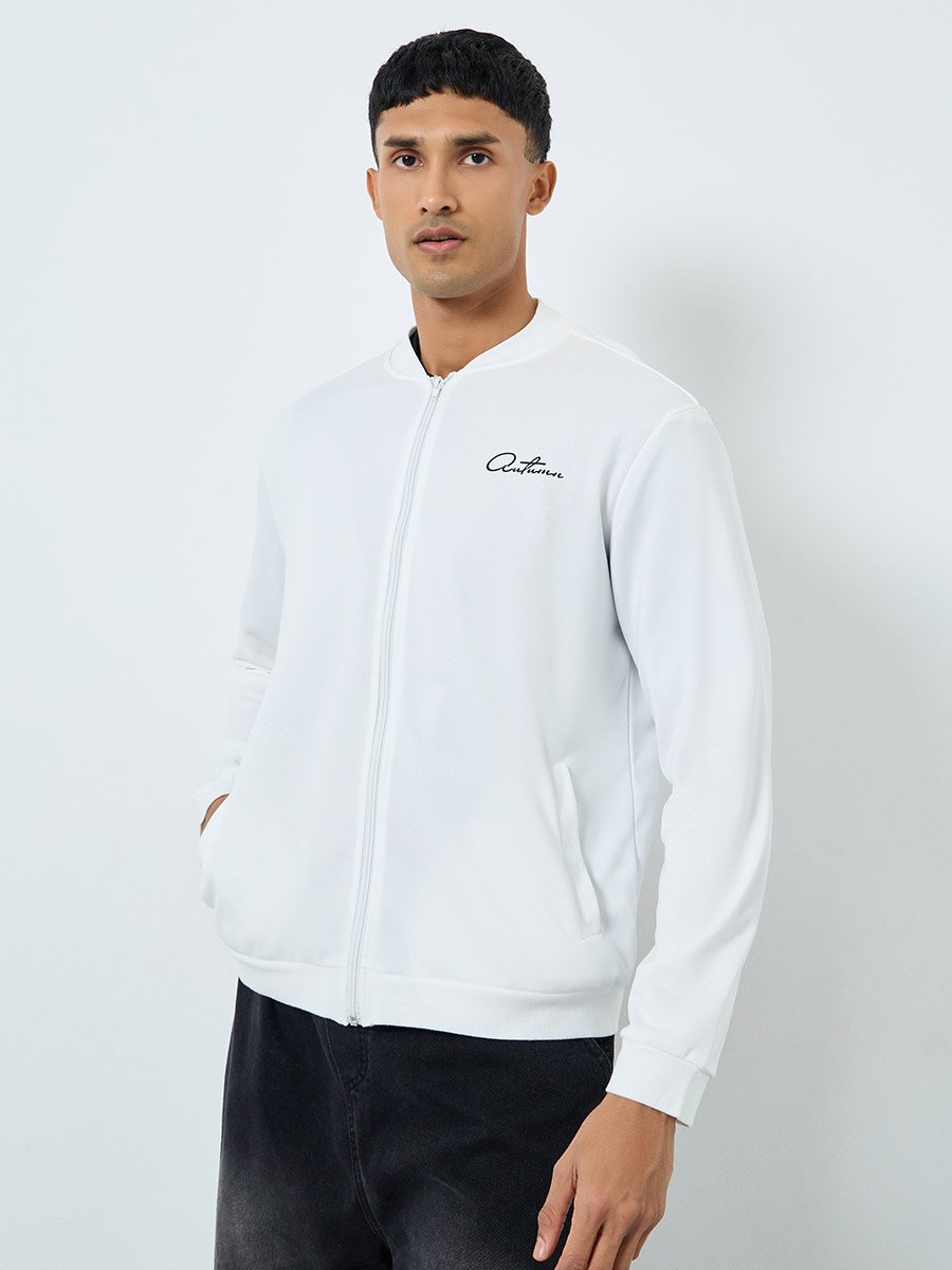 Men White Text Print Bomber Jacket