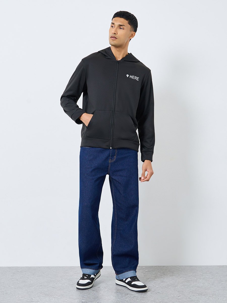 Men Black Slogan Print Hooded Jacket