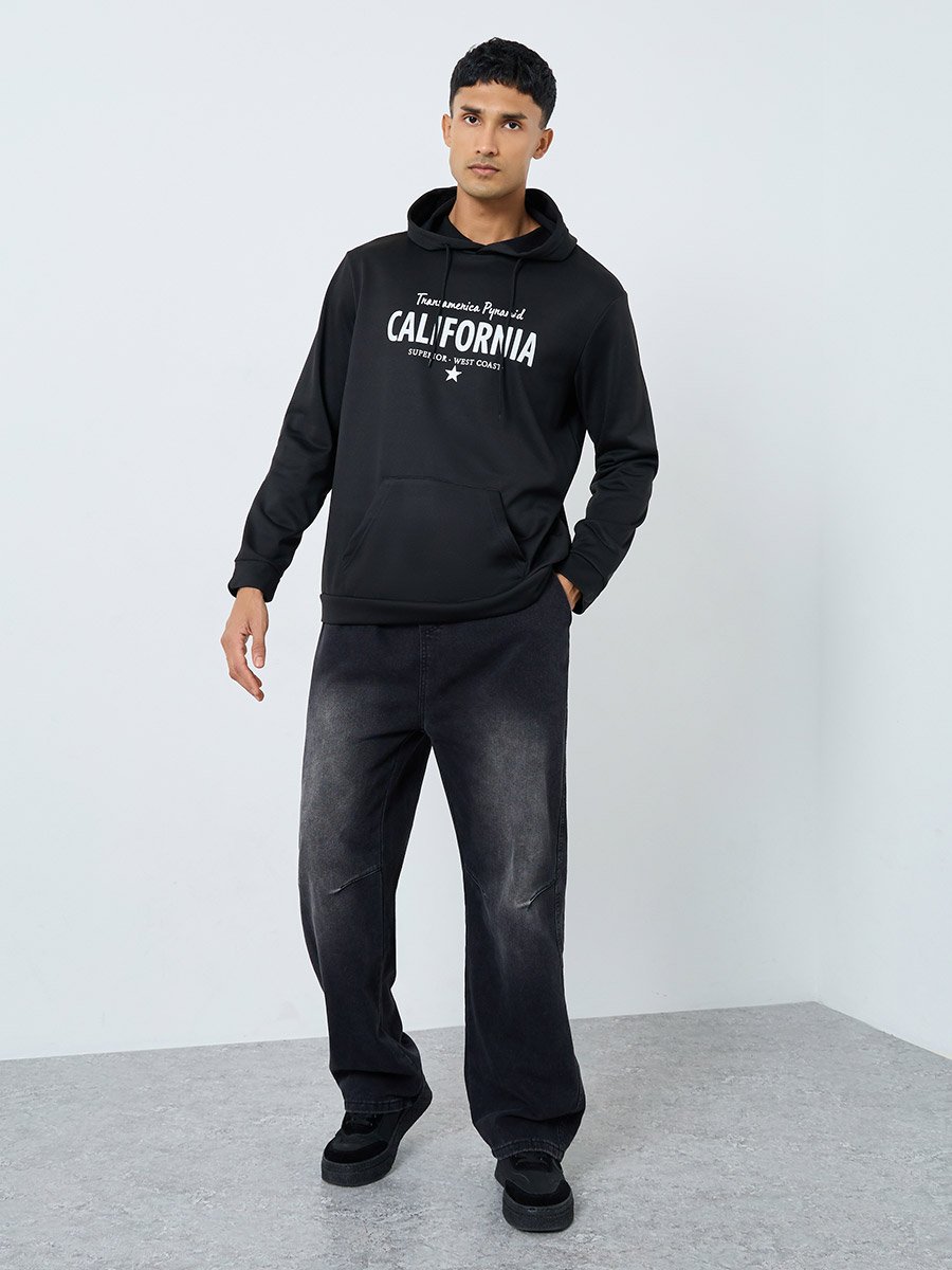 Men Black Graphic Print Hoodie with Front Pocket