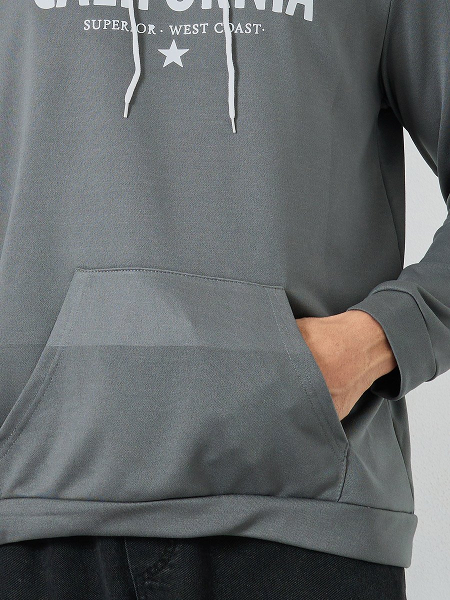 Men Grey Graphic Print Hoodie with Front Pocket