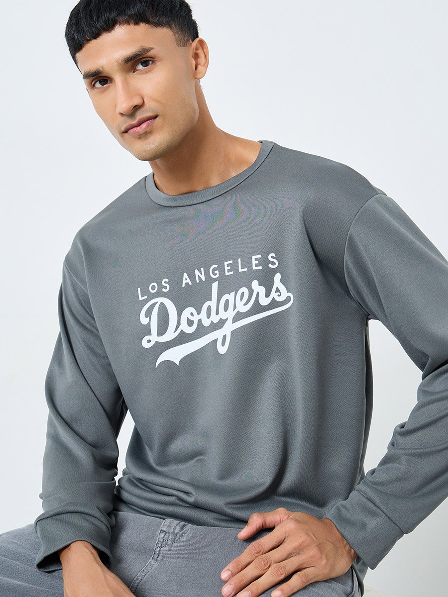 Men Grey Graphic Dodgers Pullover Sweatshirt