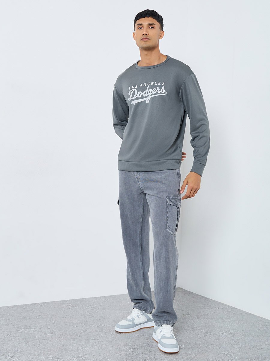 Men Grey Graphic Dodgers Pullover Sweatshirt