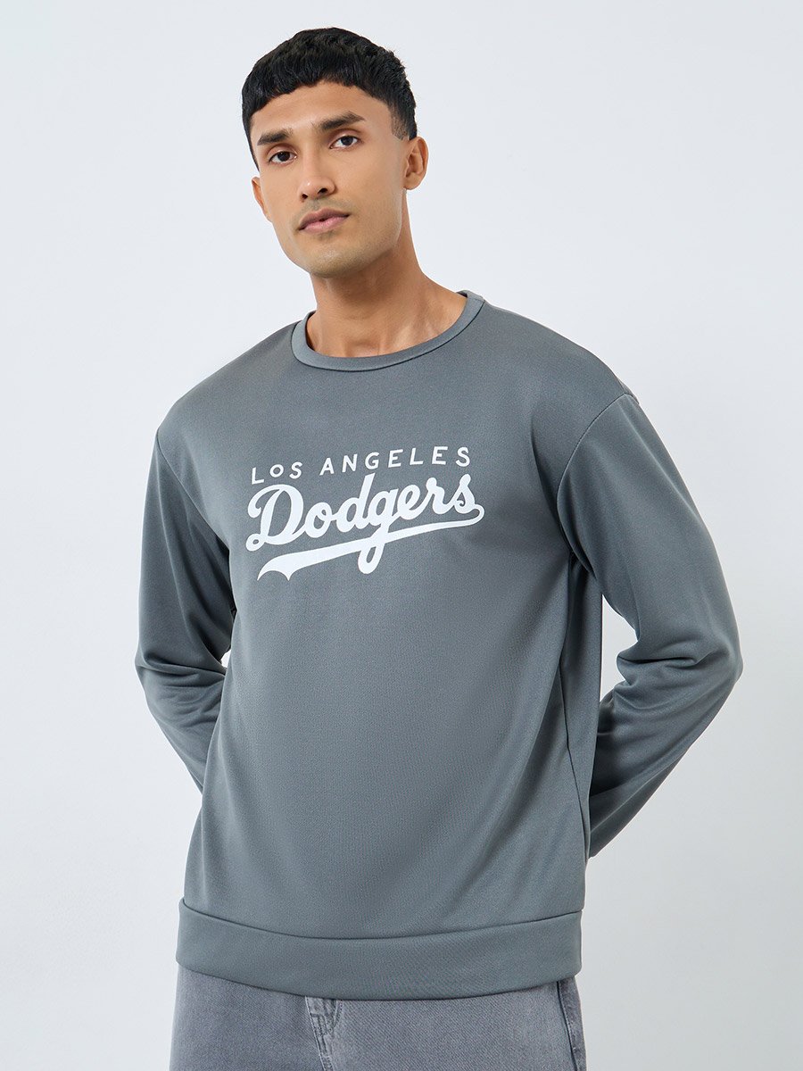 Men Grey Graphic Dodgers Pullover Sweatshirt